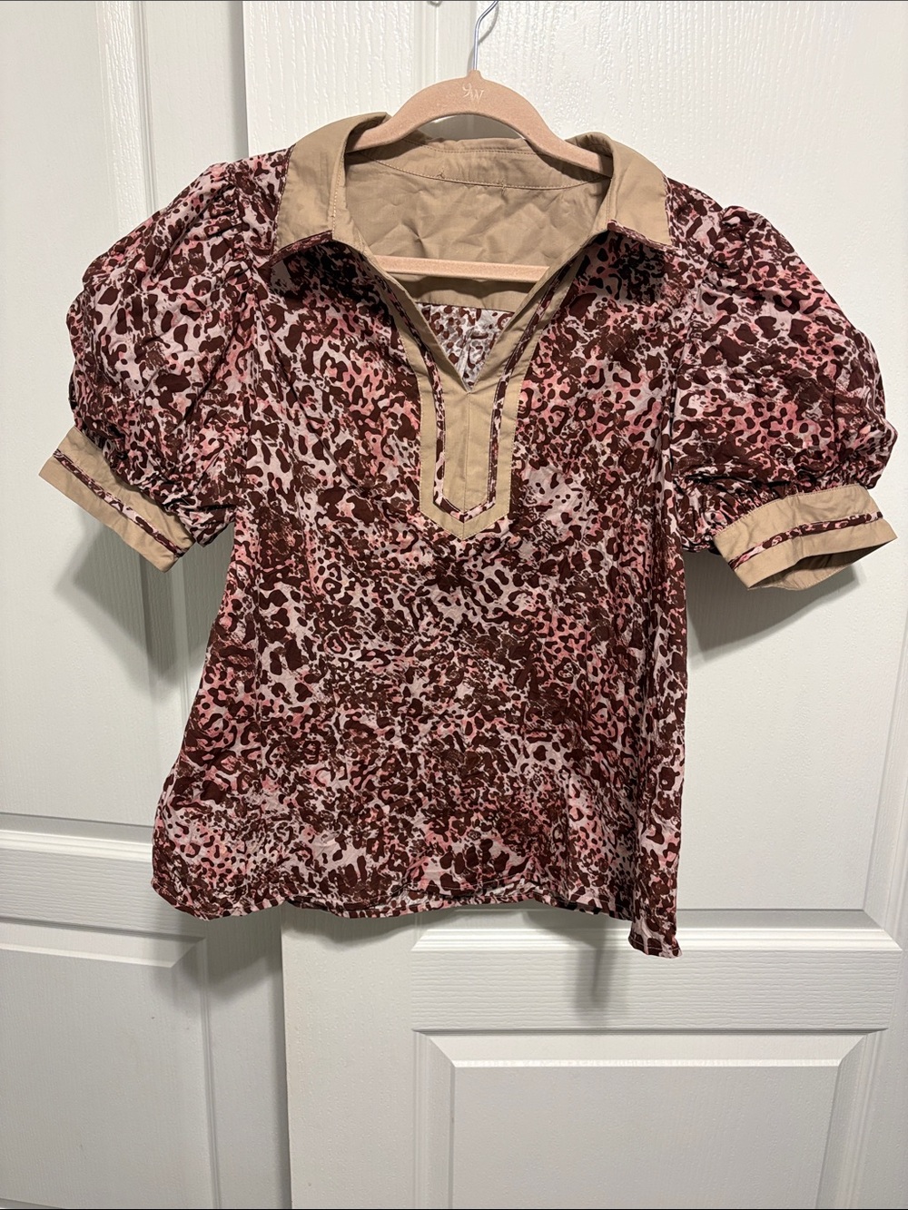 Unbranded Pink & Brown Leopard Print Puff Sleeve Top for Kids